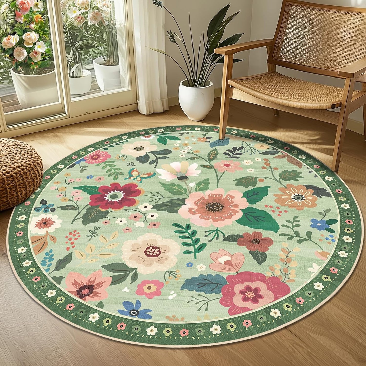 Floral 4ft Area Rug Machine Washable Soft Print Boho Carpet Non Slip Doormat Low Pile Flower Area Rugs for Living Room Bedroom Nursery Kitchen Dining Room Indoor-Light Green