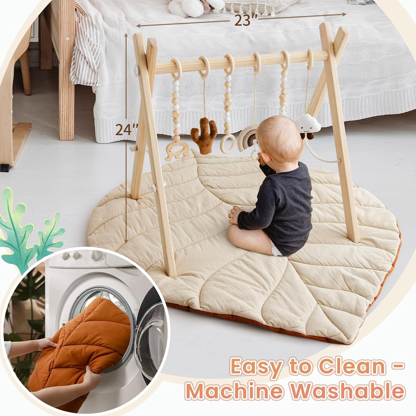 Razee Wooden Baby Play Gym Activity Mat, Leaf Shaped Play Mat Baby Gym with 6 Hanging Sensory Toys Foldable Baby Gym Newborn Infant Baby Use