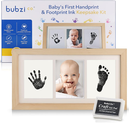 Bubzi Co Baby Handprint Kit & Footprint Photo Frame for Newborn Girls and Boys, Unique Baby Shower Gifts Set for Registry, Memorable Keepsake Decorations for Room Wall or Nursery Decor (Natural Wood)
