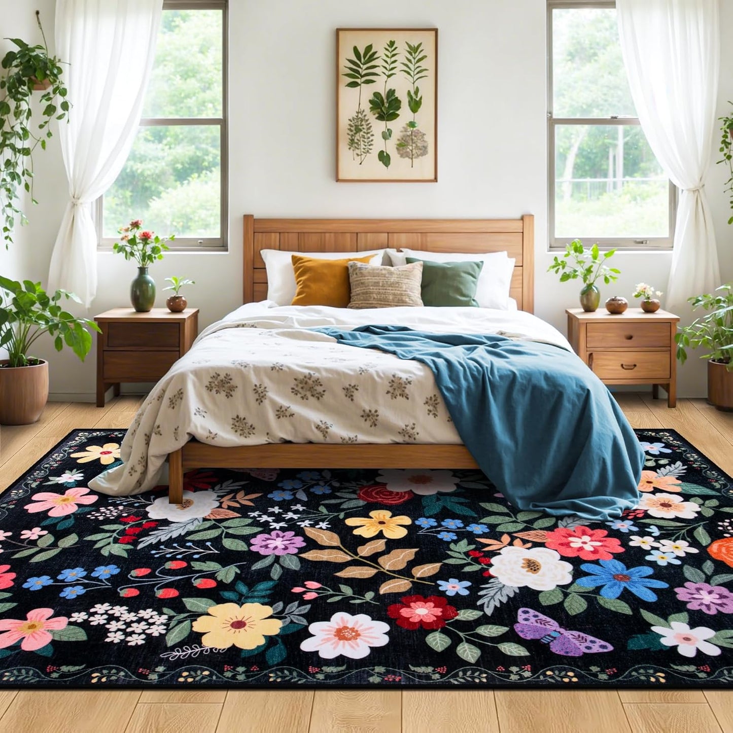 6x9 Area Rugs for Living Room: Floral Washable Rug Vintage Large Soft Boho Non-Slip Carpet Indoor Floor Stain Resistant Thin Carpets for Bedroom Dining Room Farmhouse Nursery Hallway Home Office Black