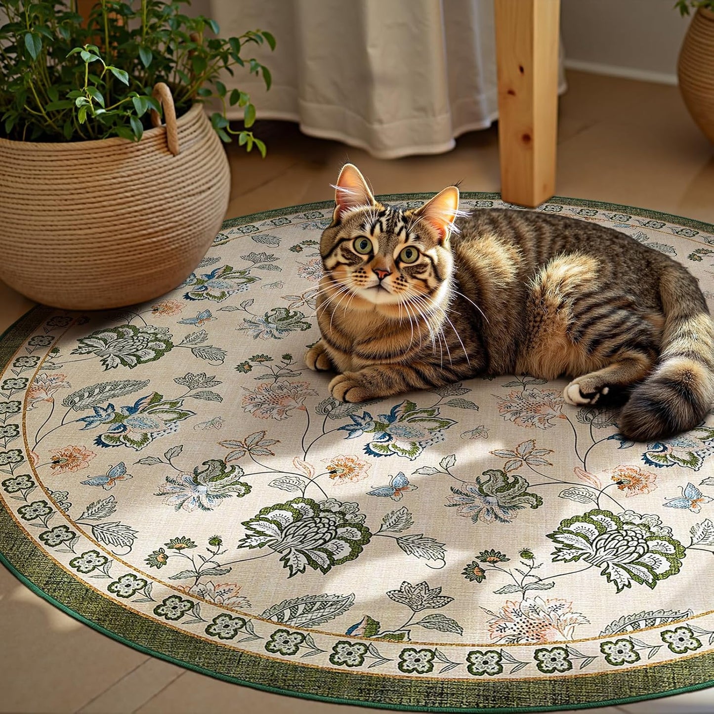 jinchan 5ft Floral Round Rug for Entryway Washable Kitchen Rug Vintage Romance Design Non Slip Indoor Doormat Lightweight Low-Profile Throw Carpet for Living Room Dining Room Bedroom, Green/Beige