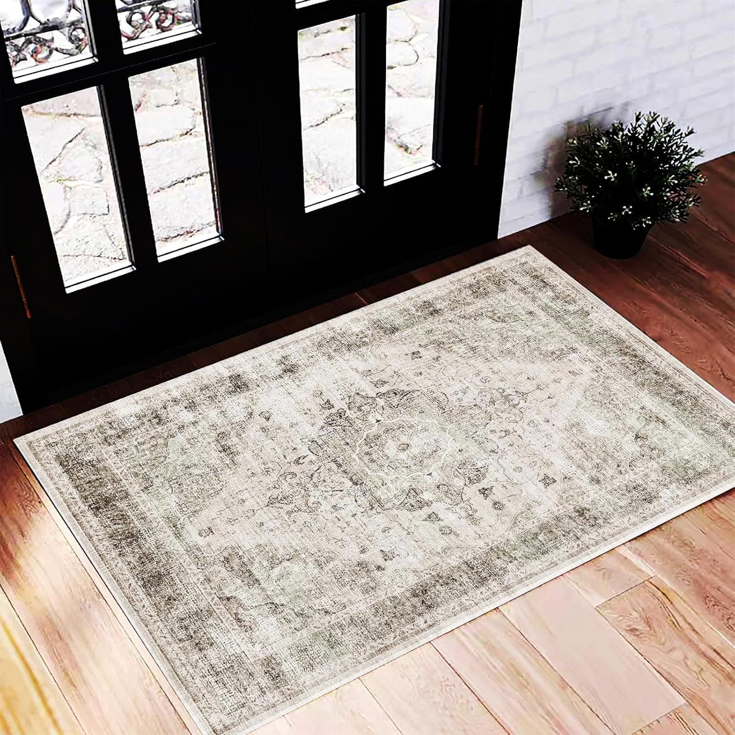 Washable Area Rug 2'x3' Floral Khaki Door Mat Vintage Distressed Doormat Indoor Entrance Traditional Thin Rug Floral Print Non Slip Carpet for Kitchen Bathroom Bedroom Living Room