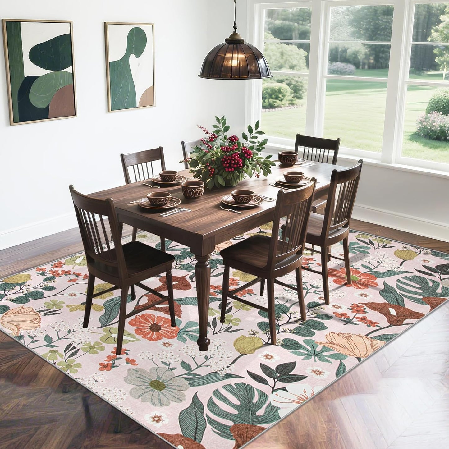 Area Rug Living Room Rugs: 5x7 Washable Rug Vintage Floral Soft Boho Non Slip Carpet Indoor Floor Non Shedding Low Pile Thin Carpets for Bedroom Dining Room Farmhouse Nursery Home Office Light Pink