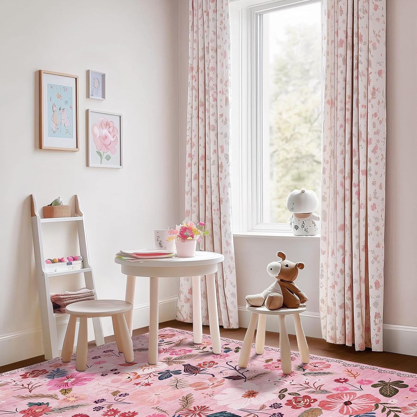 5x7 Area Rug for Nursery Girl Pink Floral Boho Cute Washable Soft Low Pile Non Slip Rugs Vintage Sound Absorbing Stain Resistant Big Carpet Rug for Bedroom Playroom Spring Living Room Dining Room
