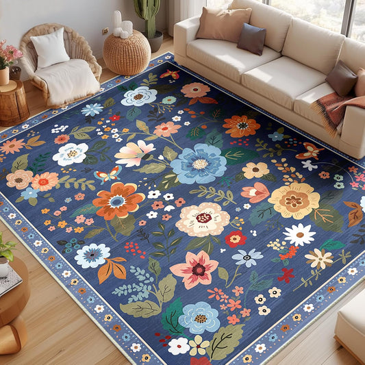Floral 9x12 Area Rug Machine Washable Soft Print Boho Carpet Non Slip Doormat Low Pile Flower Area Rugs for Living Room Bedroom Nursery Kitchen Dining Room Indoor-Blue/Grey
