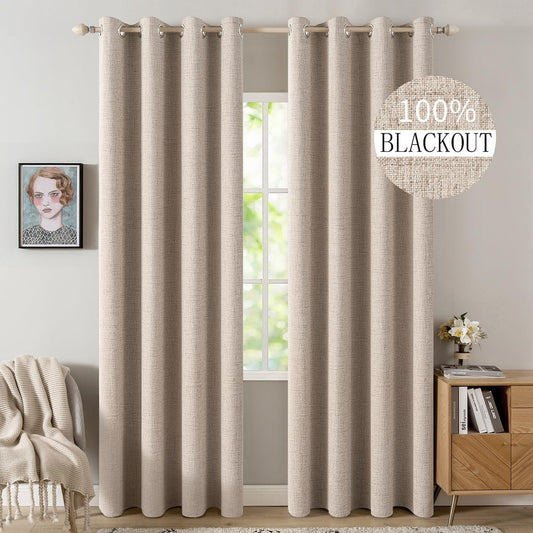 MIULEE 100% Blackout Linen Textured Curtains for Bedroom Solid Thermal Insulated Natural Beige Grommet Room Darkening Curtains & Drapes Luxury Decor for Living Room Nursery 52 x 84 Inch (2 Panels)