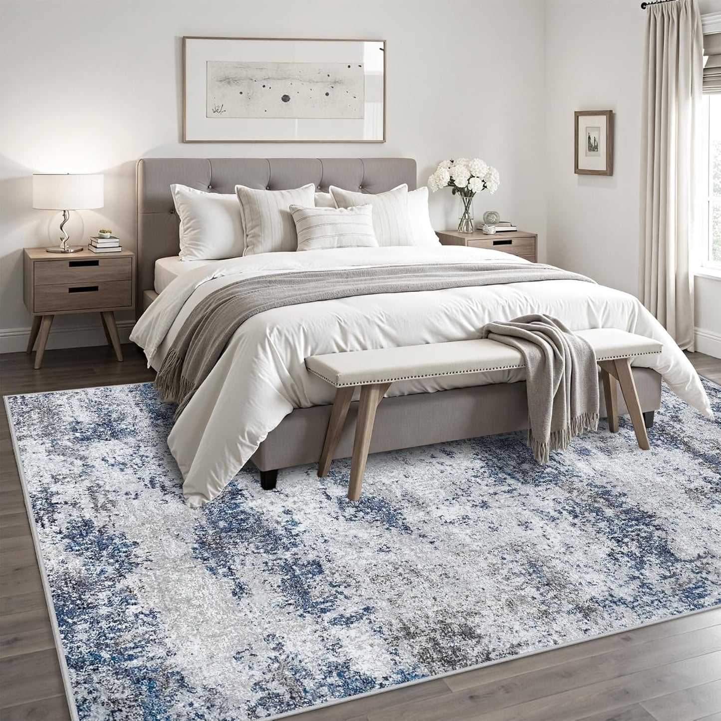 Area Rug 9x12 Washable Rugs: Abstract Large Living Room Rugs with Non-Slip Backing, Stain Resistant Indoor Floor Carpet for Bedroom Dining Room Table Nursery Hallway Home Office Blue/Gray/Black