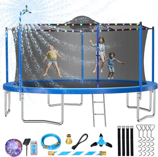 Upgraded 10/12/14/15/16FT Trampoline Outdoor, Large Kids Trampoline with Light, Stakes, Sprinkler, Backyard Trampoline with Basketball Hoop and Net, Capacity for 4-6 Kids and Adults