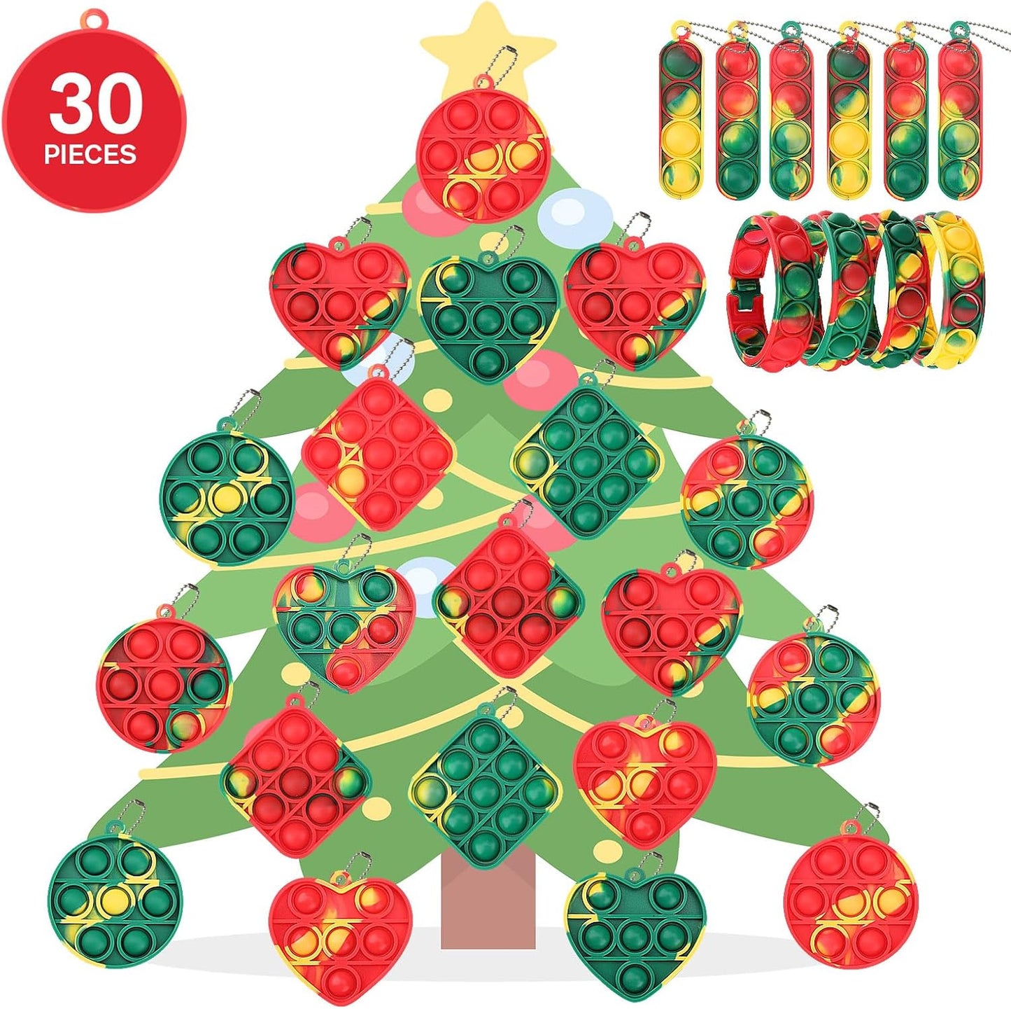Christmas Party Favors, 30 Pcs Pop Fidget Toys Keychain Its for Kids Adults, Mini Push Bubble Pops Bulk Sensory Toys, Birthday Gifts Classroom Prizes for Boys Girls Goodie Bag Treasure Chest Box