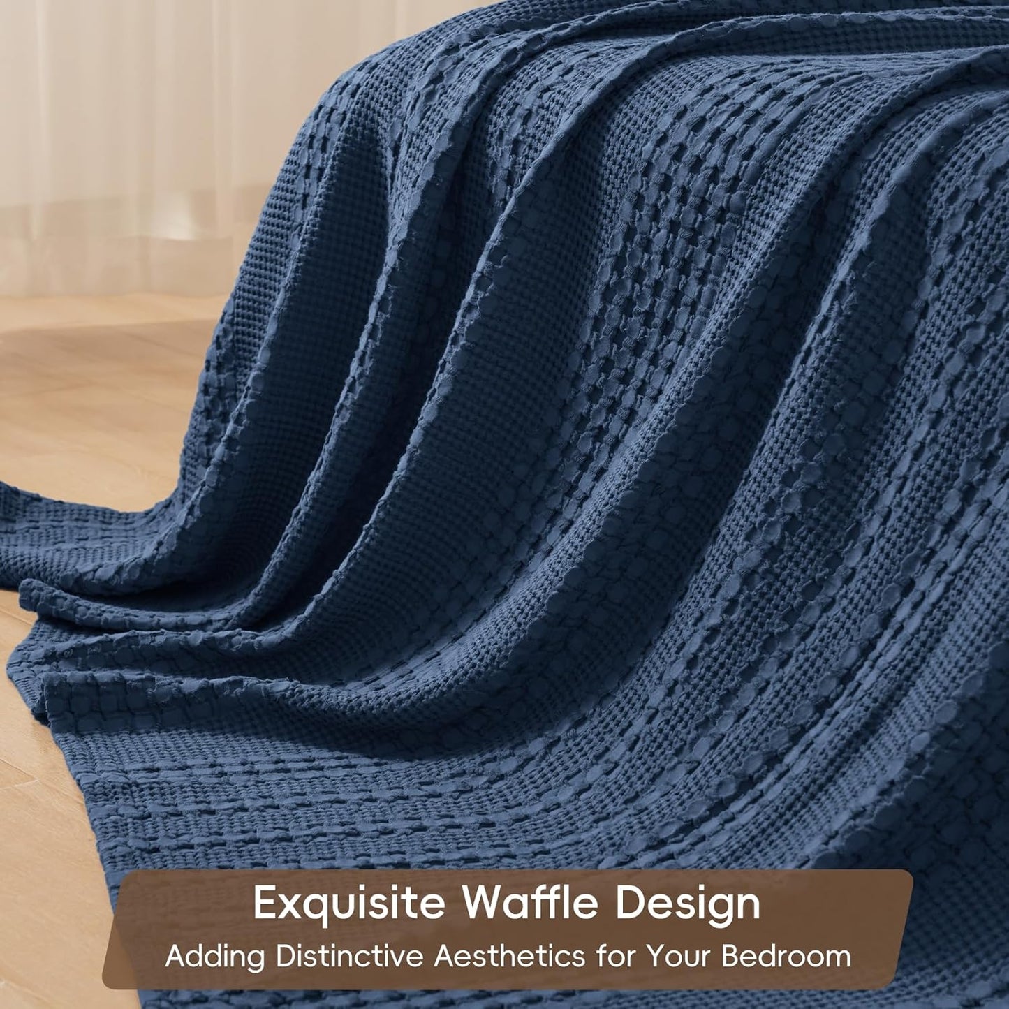 PHF 100% Cotton Waffle Weave Blanket Queen Size, Soft Lightweight Breathable Cozy Summer Blankets for Bed, Luxury Aesthetic Woven Bedding for Home Decor, 90"x90", Bright Navy Blue