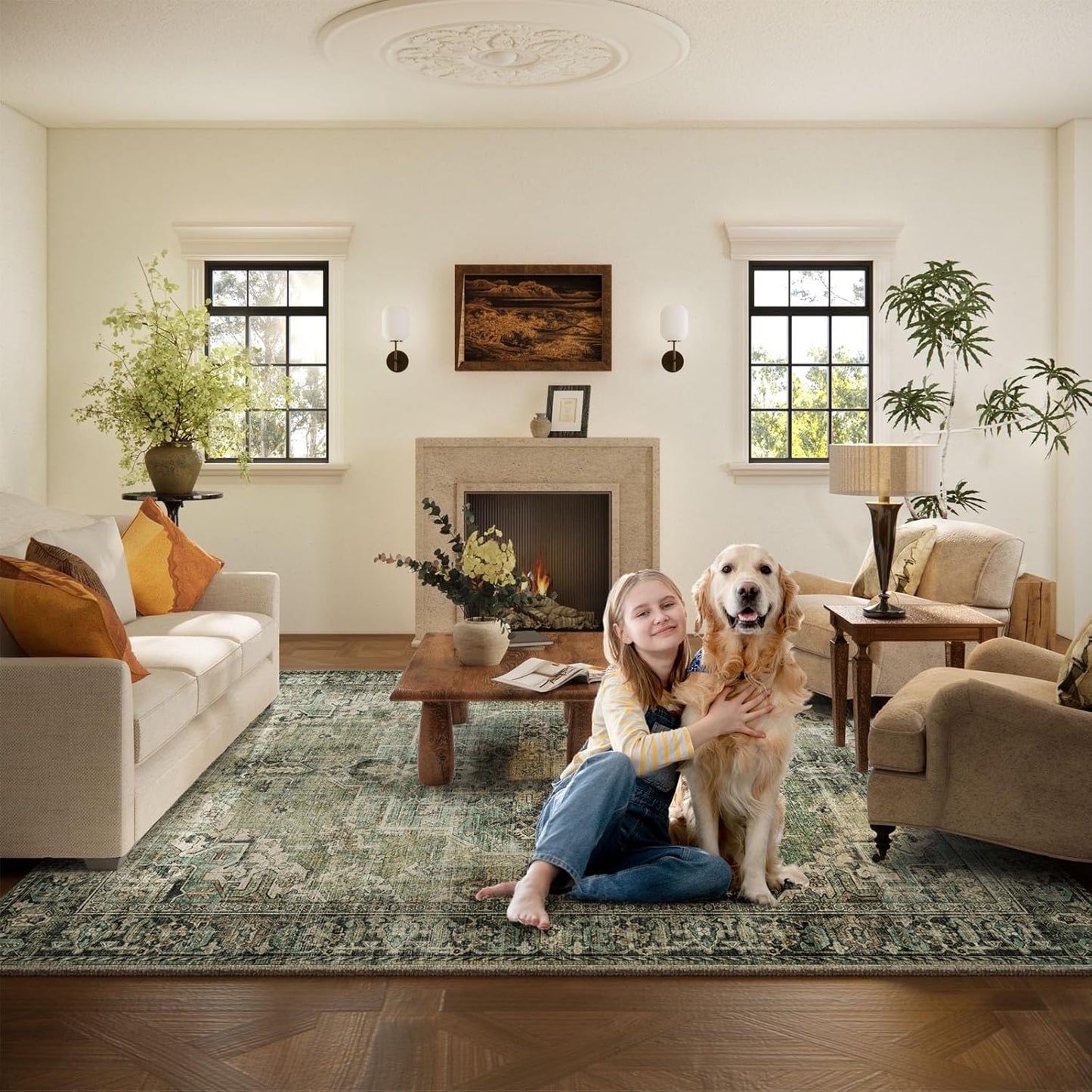 8x10 Area Rugs for Living Room: Washable Bedroom Rug Boho Vintage Rugs Stain Resistant Non Slip Low Pile Soft Lightweight Carpet for Kitchen Dining Room Farmhouse Nursery Kids Room