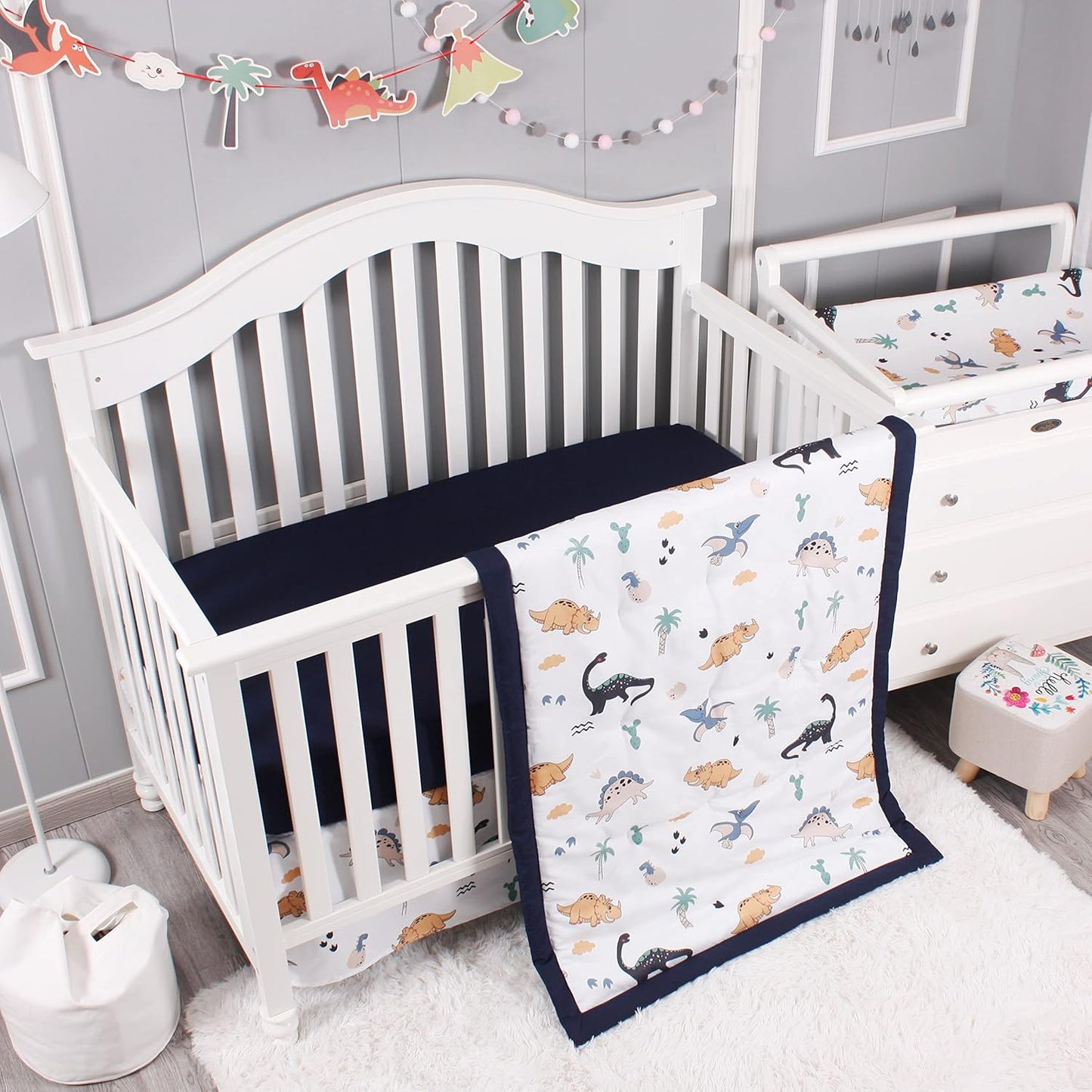 Belsden Dinosaur 3 Piece Crib Bedding Set for Baby Boys Girls, Classic Nursery Bedding Essential Including Comforter, Crib Sheet and Crib Skirt, Ultra Soft Cozy, Dino