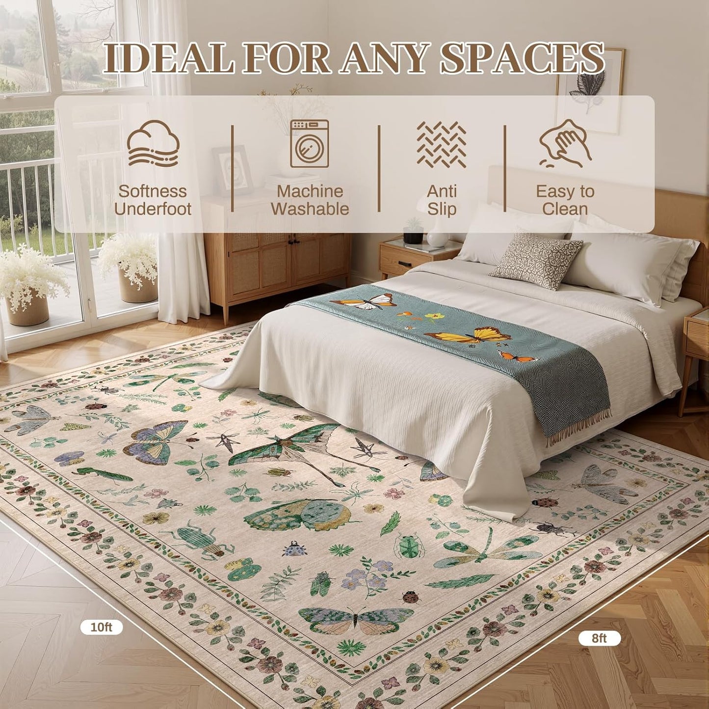 8x10 Area Rugs with Insect Print - Bug Rug Non-Shedding Stain Resistant Soft Carpet for Bedroom, Low Pile Ultra-Thin Machine Washable Carpet for Dining Room, Kids Nursery, Office (8'x10' Beige)