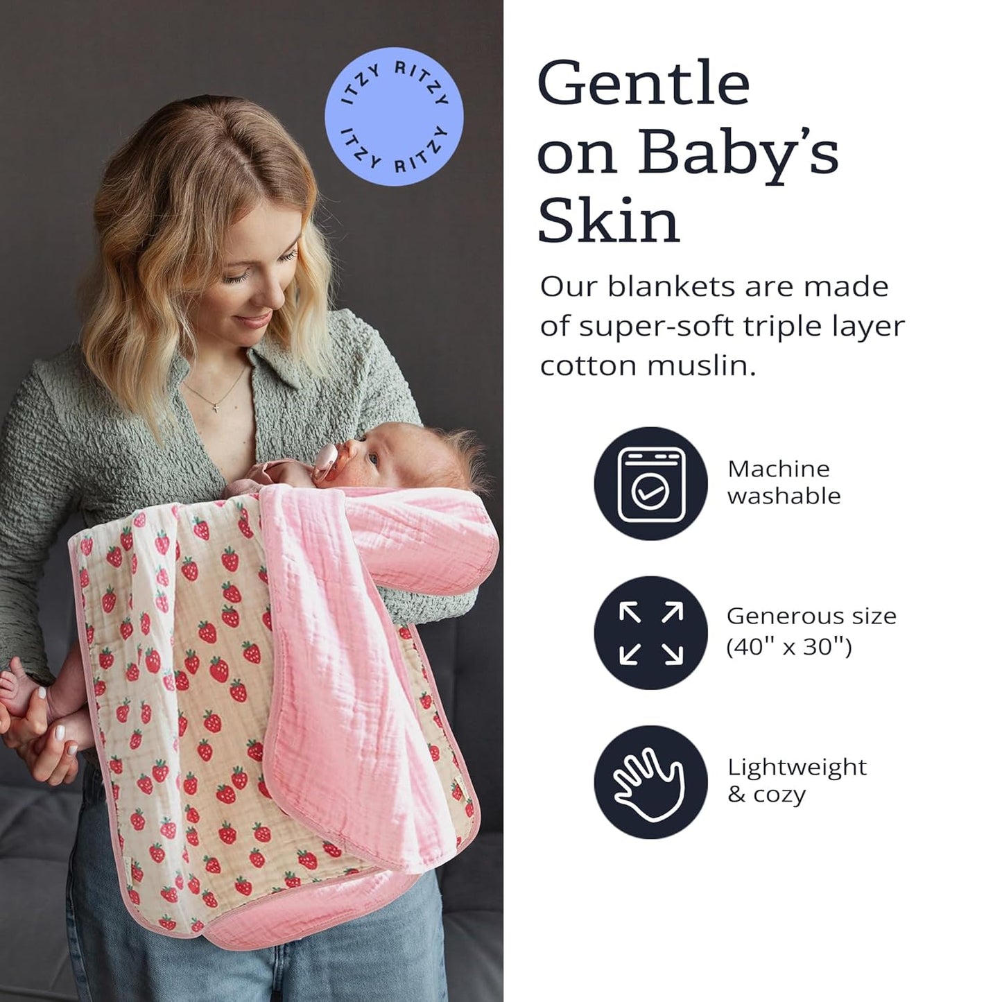 Itzy Ritzy Baby Blanket – Soft Cotton Muslin Multi-Use Blanket - Can Be Used as a Tummy Time Mat, Nursing Cover, Stroller Shade & More – Measures 30" x 40", Machine Washable (Strawberry)