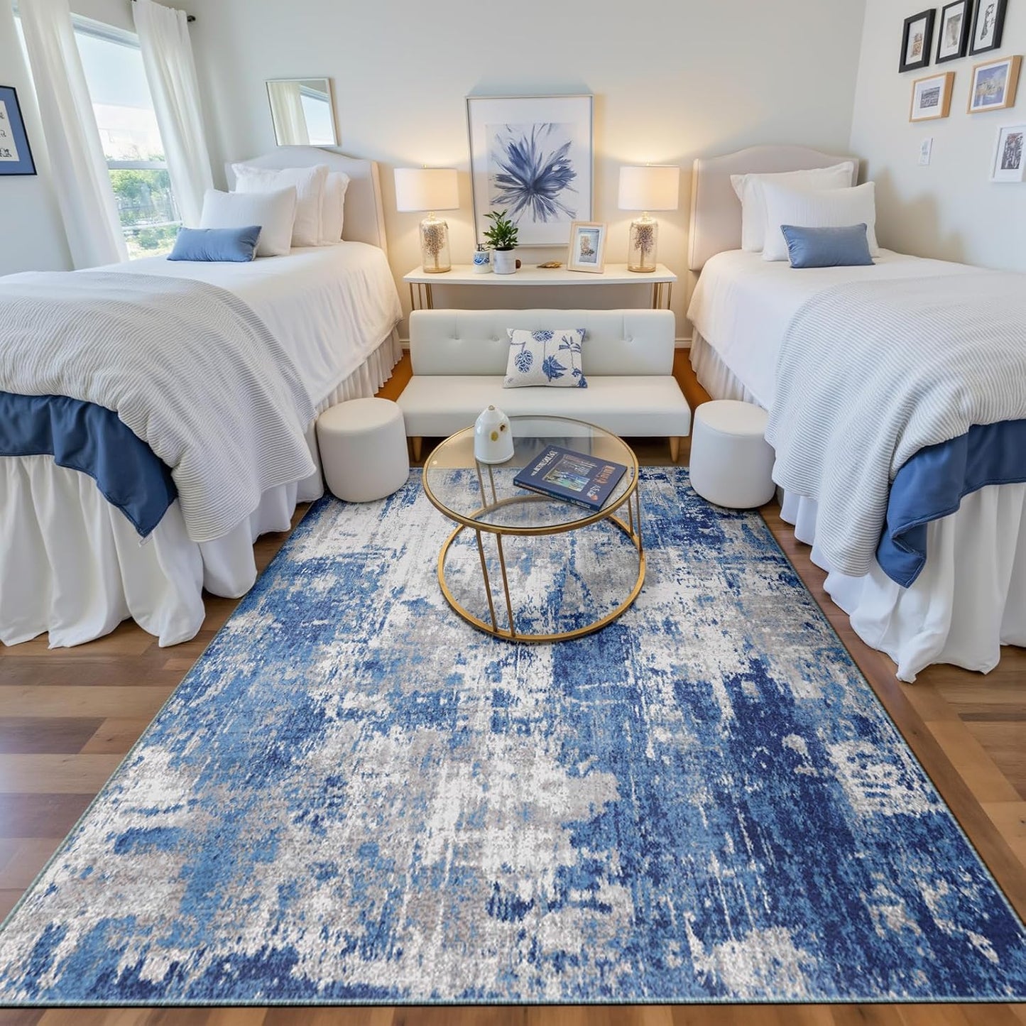 Washable Area Rugs 6'x9' Non-Slip Modern Abstract Soft for Living Room Entryway Bedroom Nursery, Print Pattern, Blue Grey Navy Gray