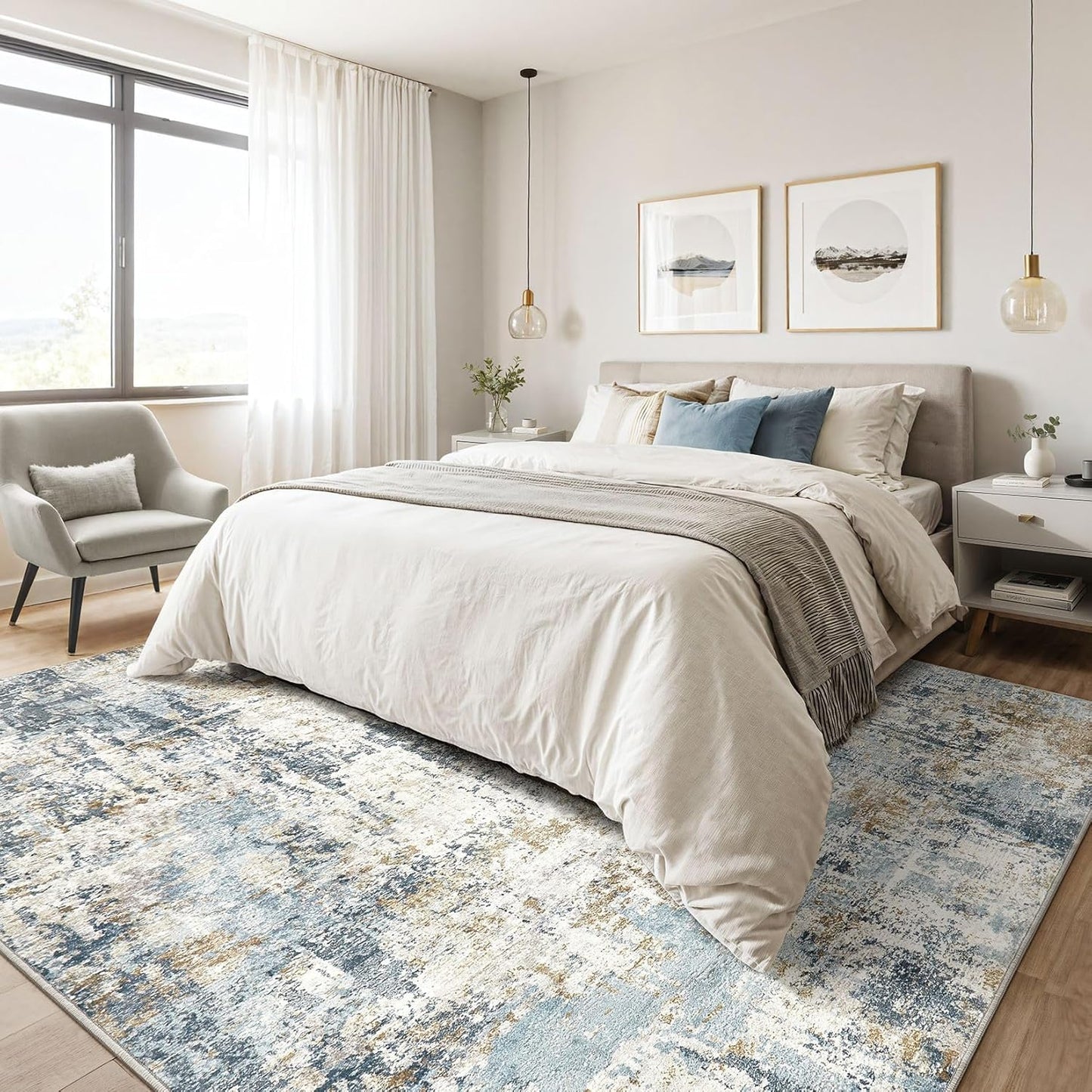 4x6 Rug Washable Area Rugs: Abstract Modern Soft Stain Resistant Indoor Floor Accent Non Slip Carpet for Living Room Entryway Kitchen Bedroom Nursery Office Bedside Home House Decor- Blue