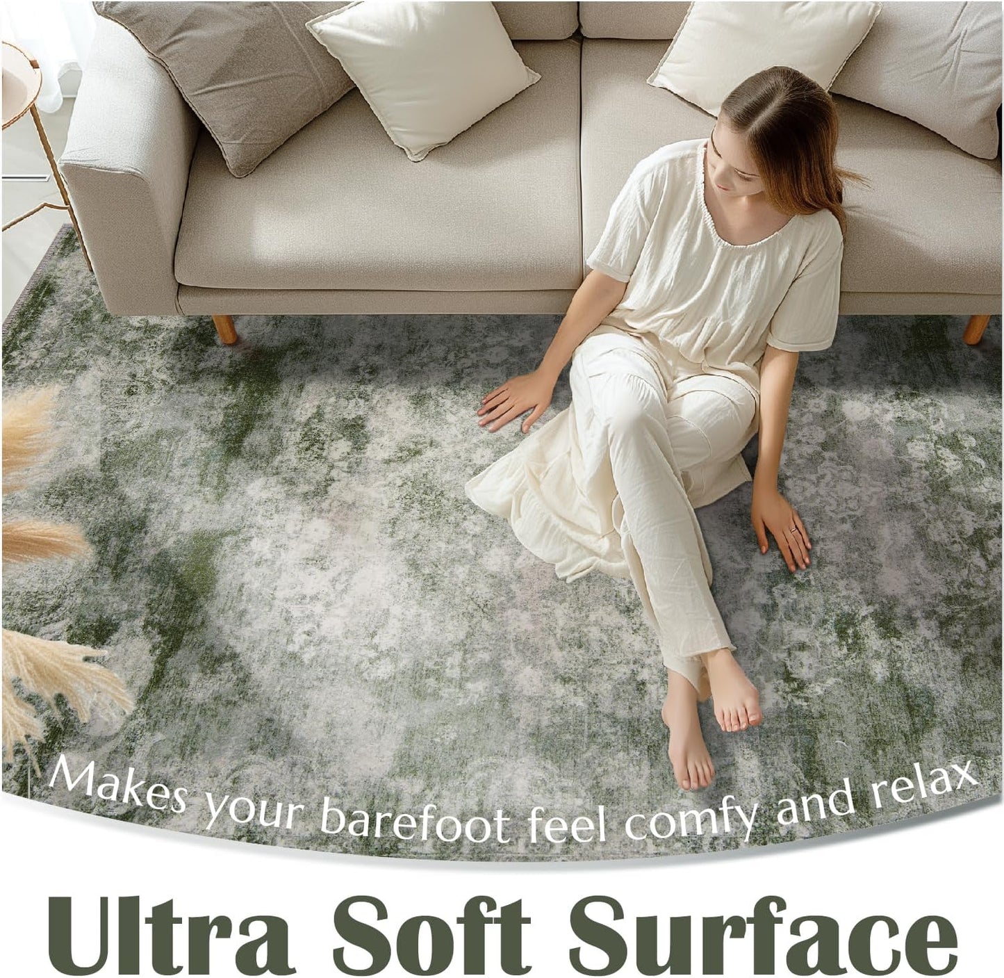 jinchan Washable Area Rug 8x10 for Living Room - Soft Faux Wool Ultra-Thin Stain Resistant Non-Slip Distressed Vintage Floral Large Carpet for Bedroom,Dining Room,Home Office,Nursery(Green, 8'x10')