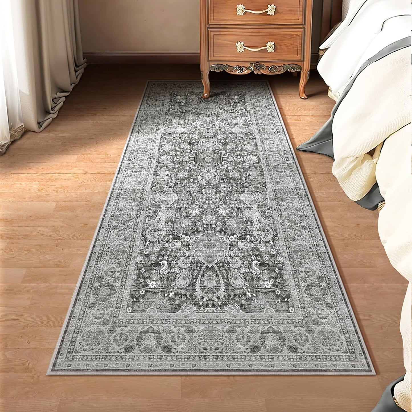 Washable Non-Slip Cream Rug - 3x8 Kitchen Runner with Non-Shedding, Boho Distressed Carpet for Hallways & Bedroom Vintage Grey
