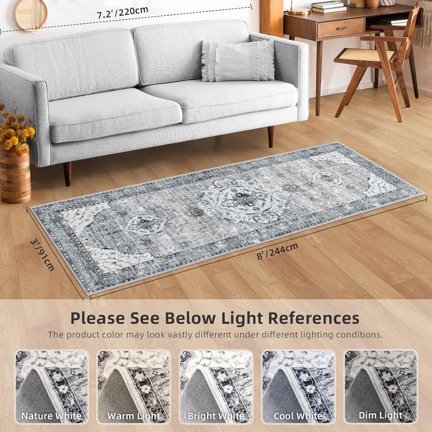 Boho Kitchen Runner Rug 3x8 Washable Runner Rug with Non-Shedding, Vintage Rugs Runners for Hallways Carpet Runner Grey/Navy
