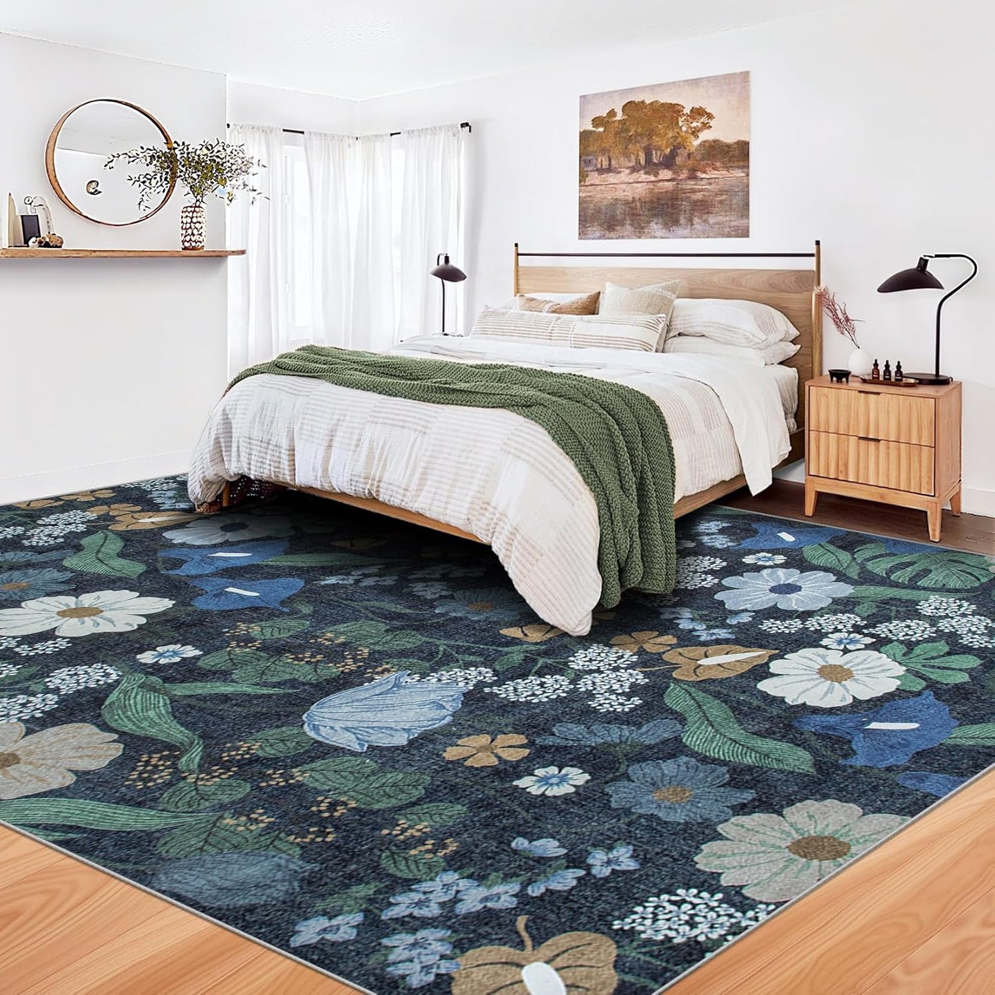 8x10 Area Rug for Living Room: Vintage Floral Washable Rug Soft Boho Non Slip Carpet Large Indoor Floor Non Shedding Low Pile Thin Carpets for Bedroom Dining Room Farmhouse Nursery Home Office Blue