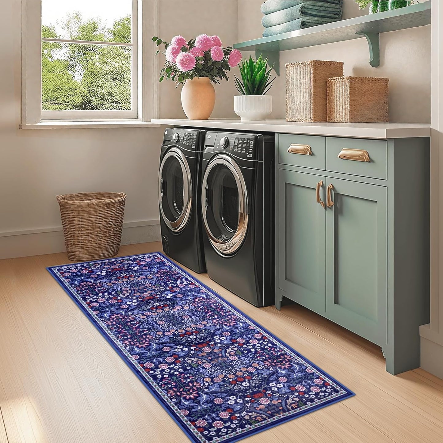 Runner Rug for Entryway: 2x6 Kitchen Rugs Non Slip Washable Ultra-Thin Soft Floral Carpet Indoor Floor Stain Resistant Carpets for Hallway Bedroom Kitchen Laundry Bathroom Dorm Blue