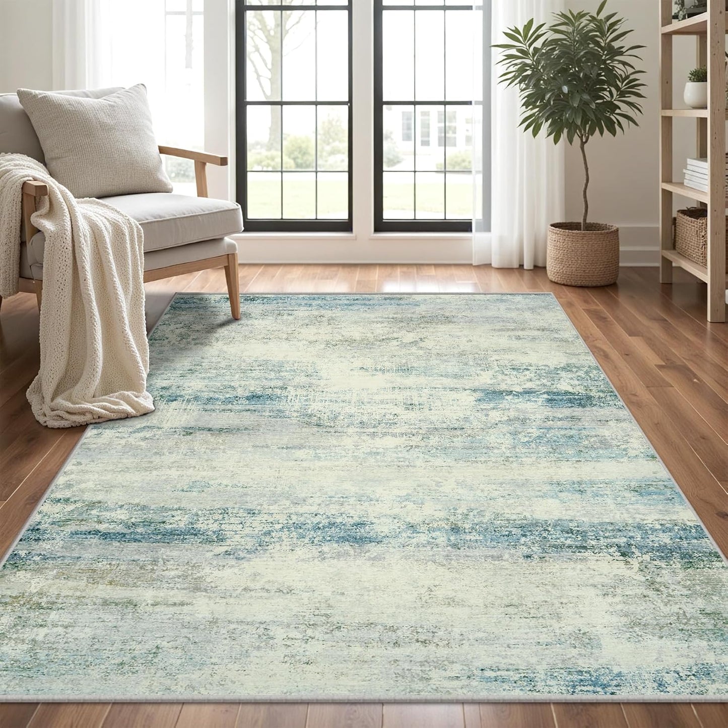 5x7 Area Rugs for Lliving Room Bedroom, Abstract Washable Rugs with Non-Slip Backing, Stain Resistant Thin Carpet for Dorm Dining Room Table Nursery Indoor Home Office-Blue/Gray
