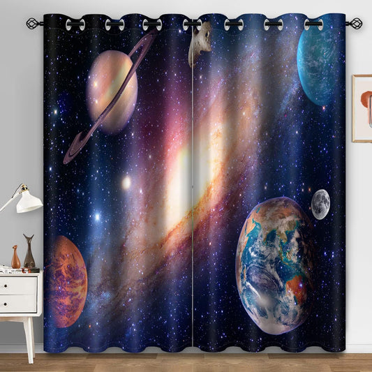 Aimego Galaxy Blackout Curtains for Boys Room - Room Darkening Curtains Outer Space Universe Nebula Starry Solar Planet Window Drapes Decor for Bedroom Living Room Grommet 2 Panel Set, 42"X63"
