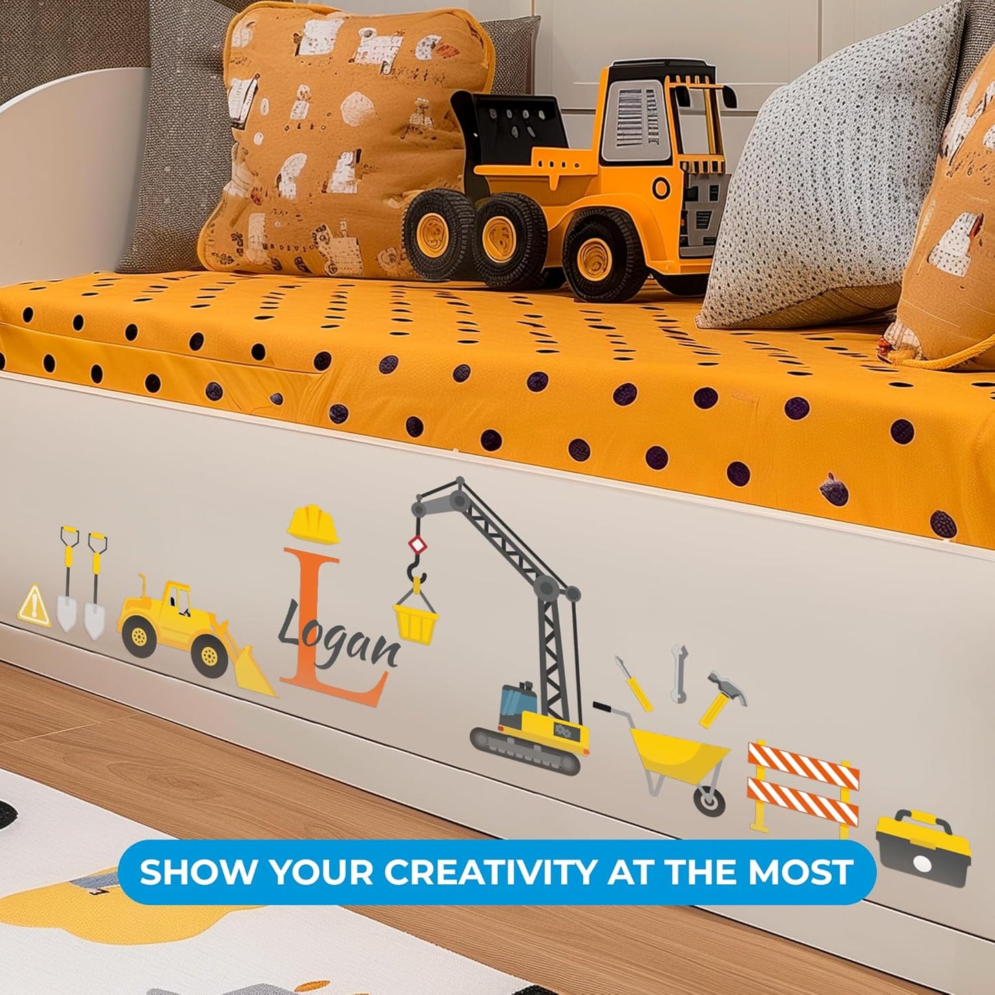 Custom Toddler Construction Crane Wall Decal I Personalized Name & Initial I Nursery Wall Decal for Toddler Room Decorations I Wall Sticker for Bedroom Wide 42"x35" Height (Shown) (Large)