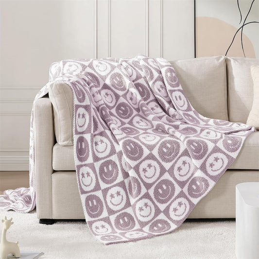 WRENSONGE Checkered Throw Blanket Lilac Smiling Face Soft Cozy Fluffy Warm Hand Made Weave Throw Blankets for Couch, Sofa, Chair, Bed, Camping, Picnic, Travel Lightweight Bed Blanket - 60"*80"