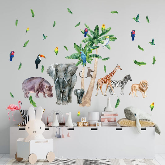 Safari Animal Wall Decals for Kids by Lipastick-Peel and Stick Jungle Stickers Giraffe, Elephant, Hippo, Palm Tree, Parrot for Toddlers Room, Nursery, Playroom, Classroom, Daycare Decor Art- M Size