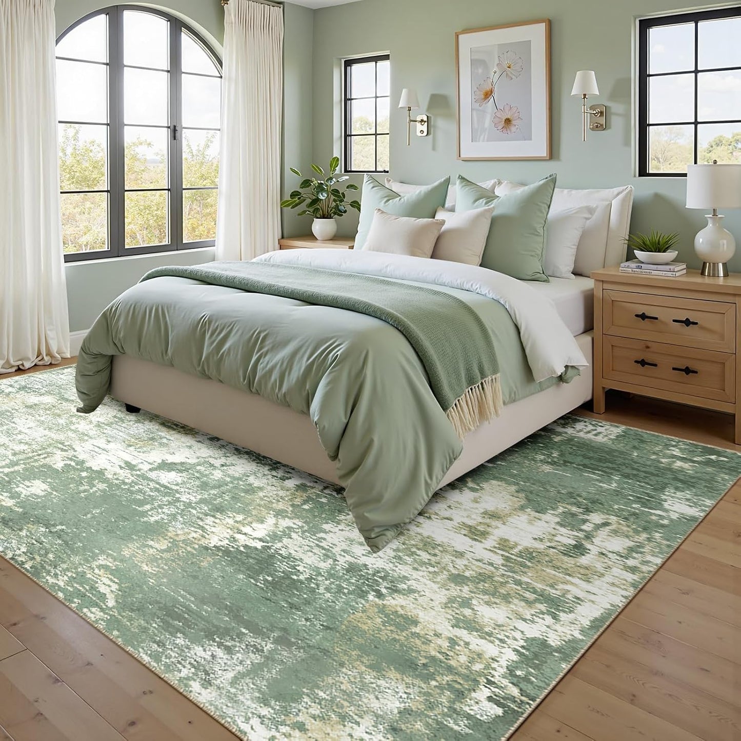 Washable Area Rugs 6'x9' Non-Slip Modern Abstract Soft for Living Room Entryway Bedroom Nursery, Print Pattern, Light Green/Yellow