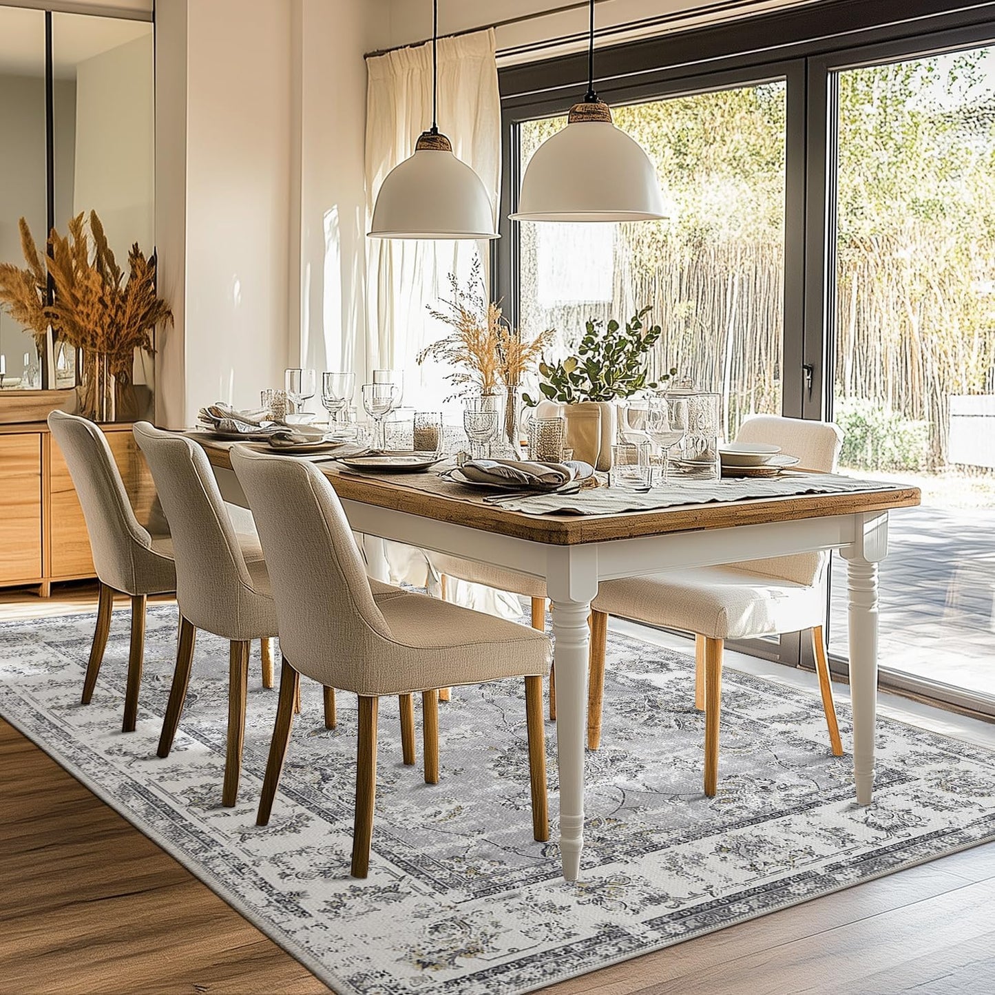 jinchan Vintage Floral 5x7 Area Rugs for Bedroom - Machine Washable Distressed Design Stain Resistant Boho Carpet Ultra-Thin Low Pile Non-Slip Rug for Living Room Dining Room Kitchen (5‘x7',Grey)