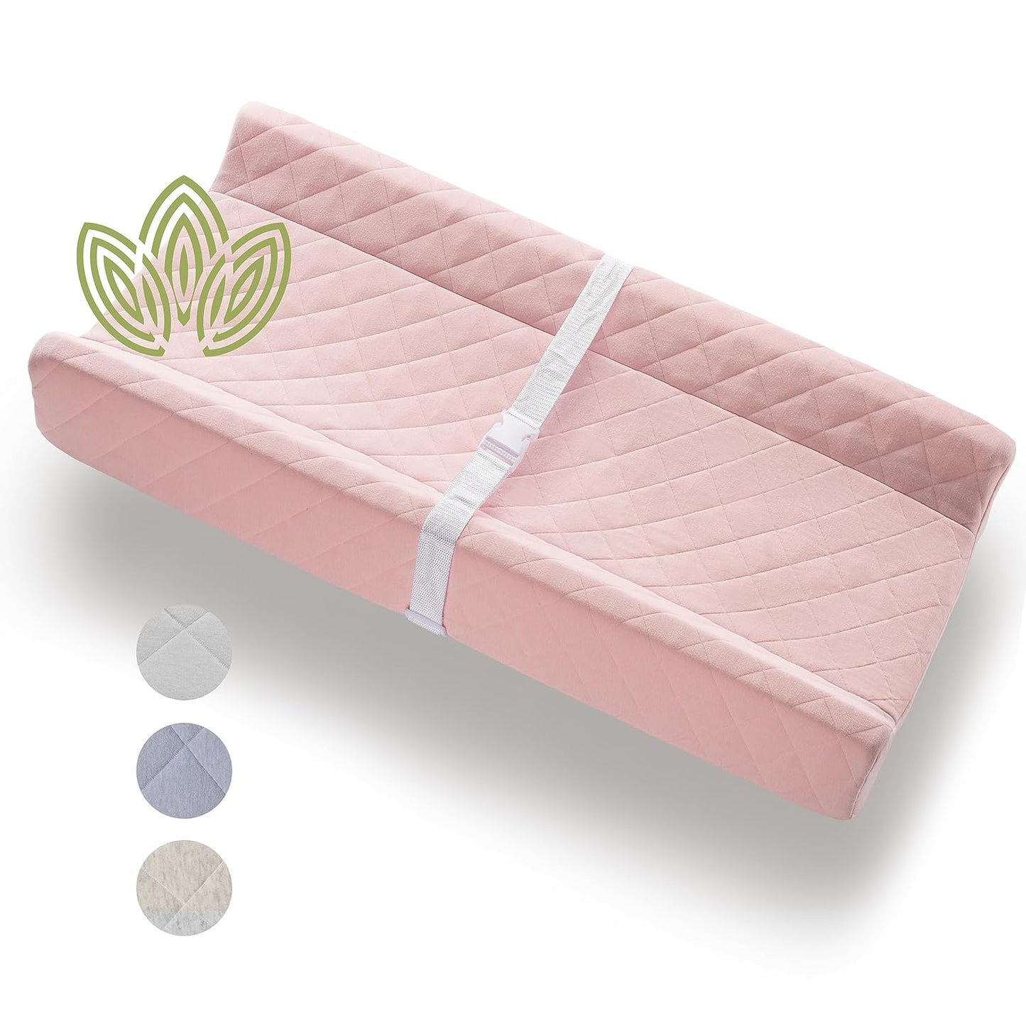 Organic Cotton Contoured Baby Changing Pad w/Waterproof Foam Mattress, Includes Soft, Removable & Washable Cover, Safety Strap, Non-Slip Bottom, Topper for Standard Size Infant Diaper Table & Dresser