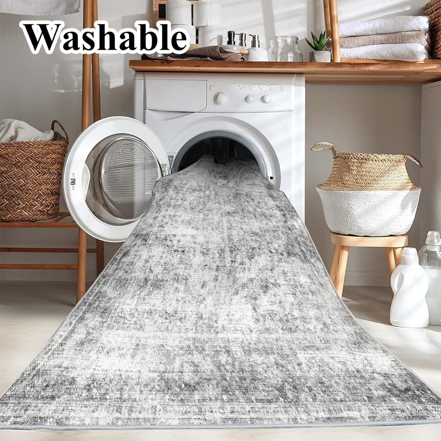 Area Rug 8x10 Washable Rug Gray Vintage Traditional Mat Distressed Indoor Foldable Thin Retro Accent Floral Non Slip Carpet Living Room Dining Room Office