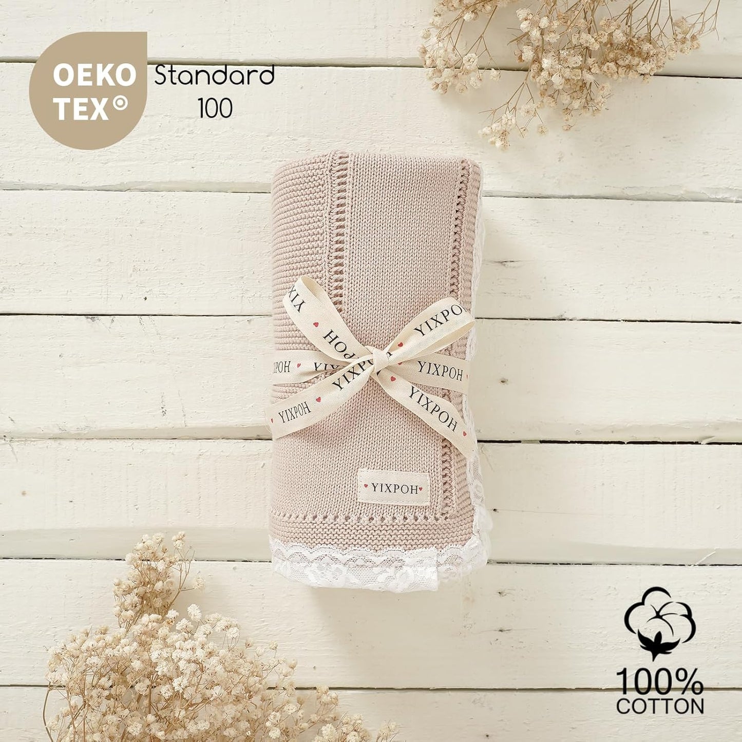 100% Organic Cotton Baby Blanket Knitted Softer Receiving Swaddle Warm Cozy Cuddle Crib Blanket for Newborns Infants Toddlers Boy and Girls Camel