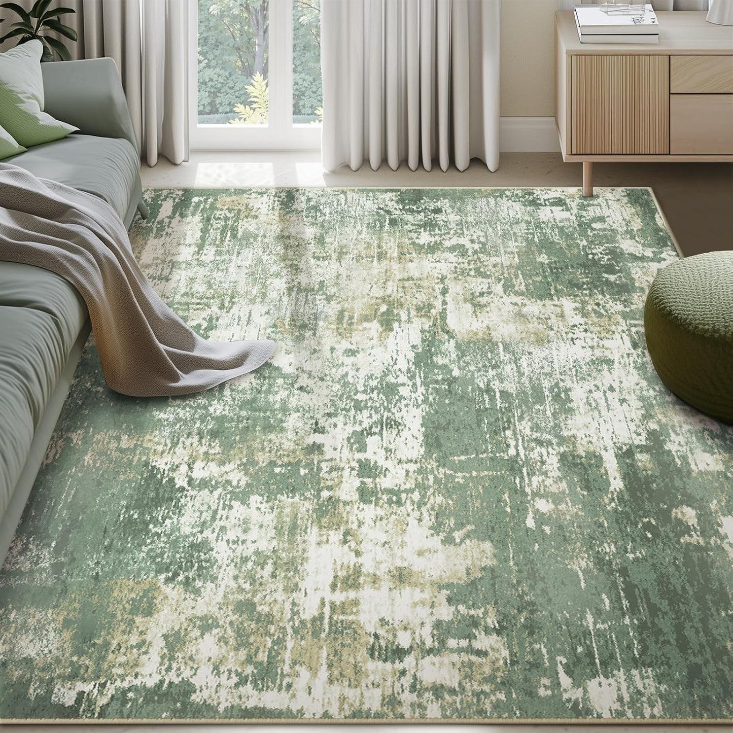 Washable Area Rugs 5'x7' Non-Slip Modern Abstract Soft for Living Room Entryway Bedroom Nursery, Print Pattern, Light Green/Yellow
