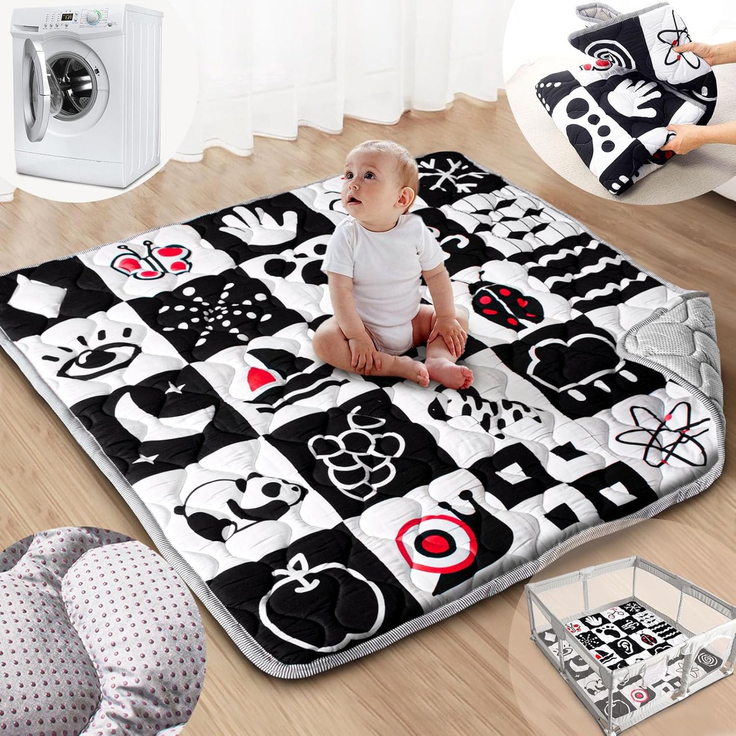 Baby Play Mats for Floor, Upgraded Thick Soft 50x50 Playpen Mat, Anti-Slip Bottom, Foldable and Machine Washable Playmat for Babies and Toddlers Infants(High Contrast)