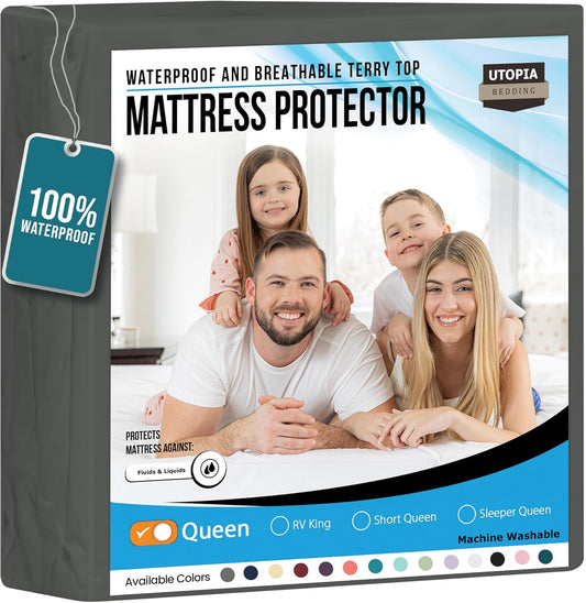 Utopia Bedding Waterproof Mattress Protector Queen Size, Premium Terry Mattress Cover 200 GSM, Breathable, Fitted Style with Stretchable Pockets (Gray)