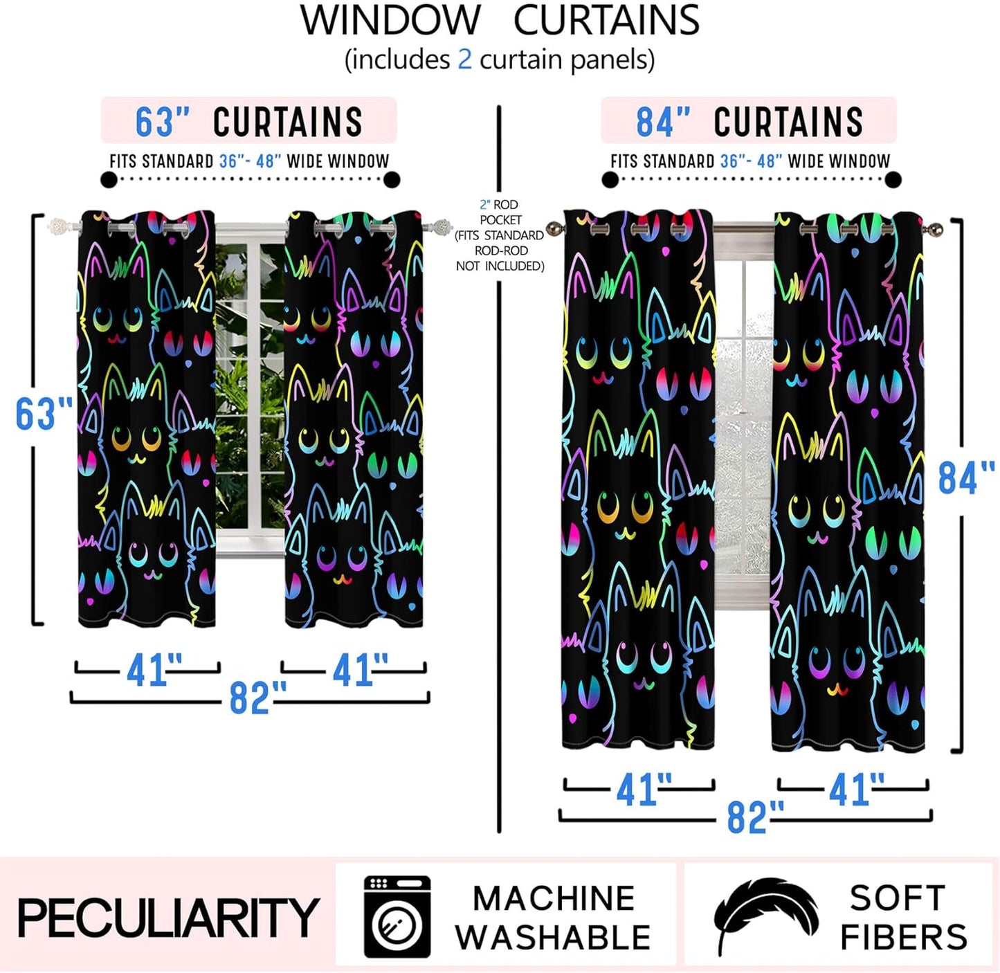 Cat Blackout Curtains for Girls - 2Pcs Cute Cartoon Cat Patterns Curtain Panels for Girls Bedroom Lovely Cats Drapes Darkening Window Curtain for Living Room Bedroom, 82" x 84"