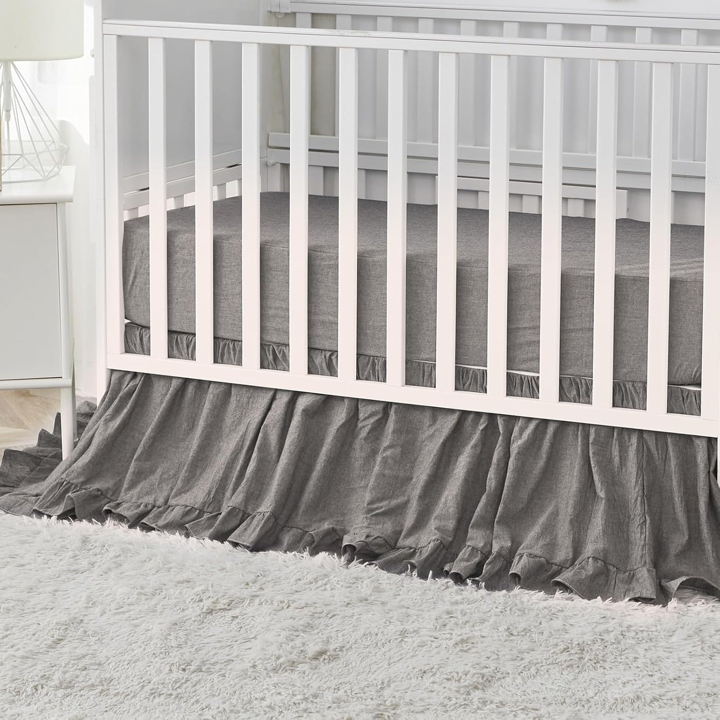 Brandream Crib Bedding Set 3 Pieces Ultra Soft 100% Cotton Bohemian Neutral Solid Grey Crib Comforter, Crib Sheet, Crib Skirt, Farmhouse Chic Ruffle Baby Girl Boys Nursery Bedding