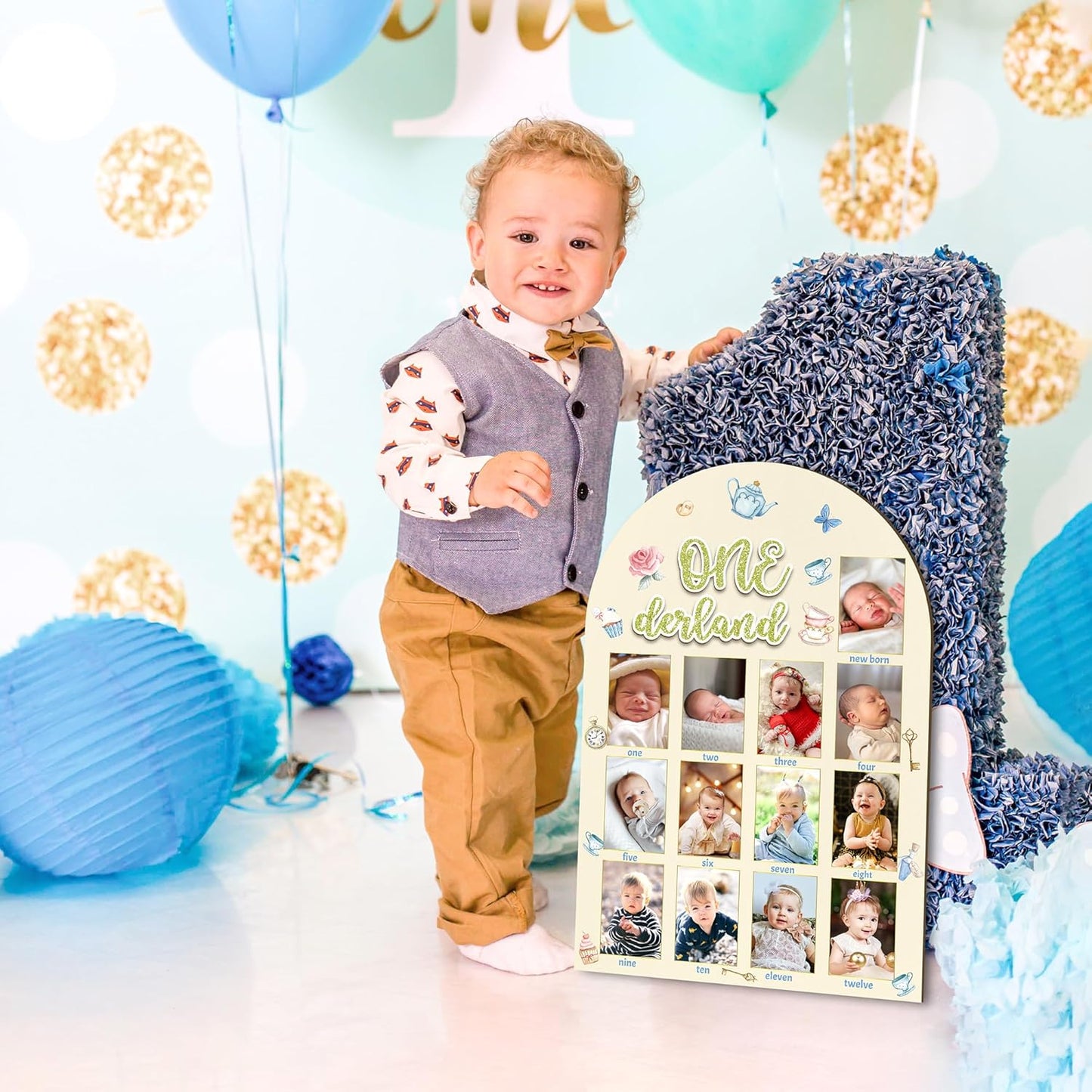 R HORSE My First Year Photo Frame Board, 3D Onederland Tea Party Birthday Decorations Display Wood Board, Baby First Year Picture Frame 12 Months Milestone 1st Birthday Nursery Decor Gift for Girl