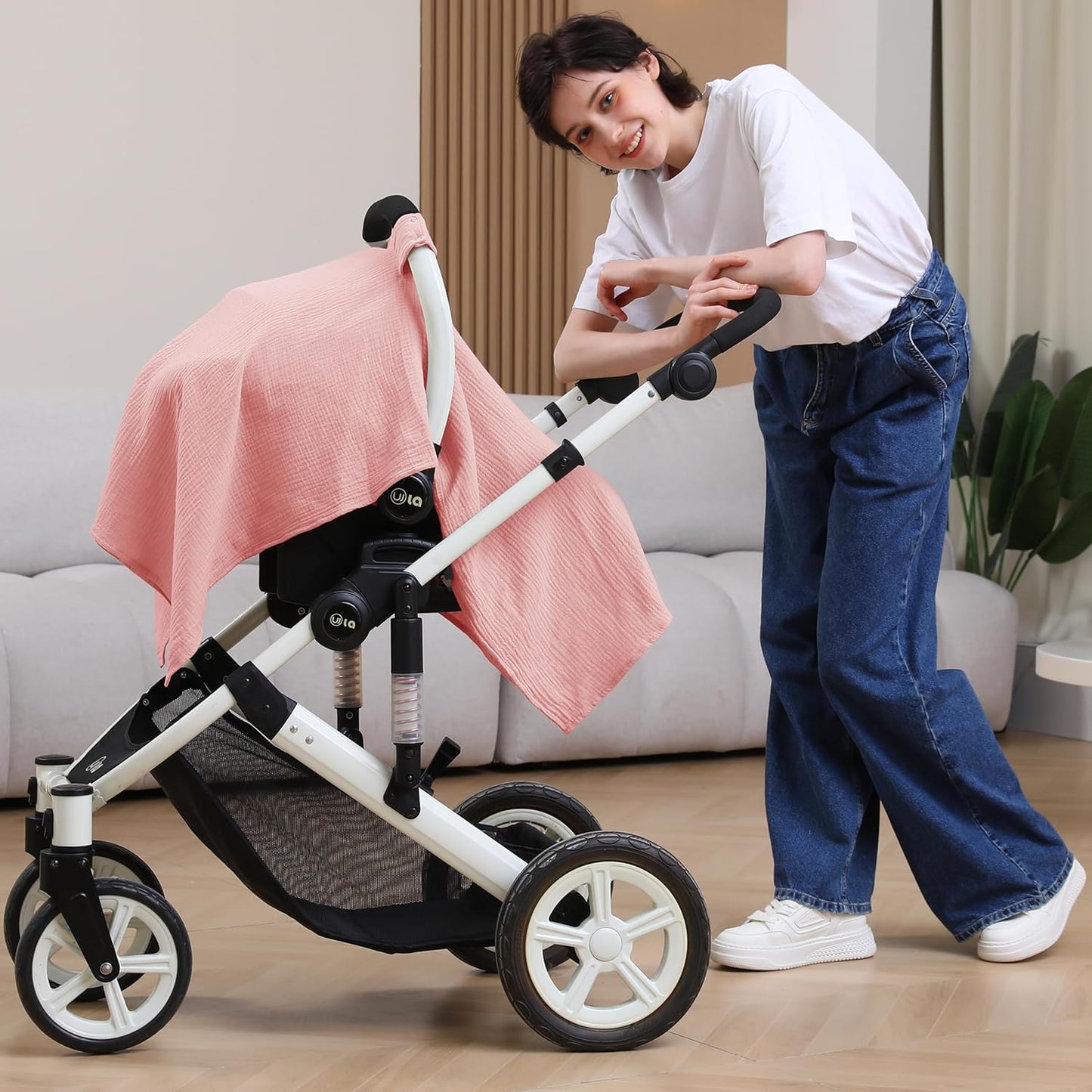 100% Muslin Cotton Car Seat Cover Baby, Carseat Canopy Cover, Universal Fit Stroller Covers for Boys and Girls (Pink)