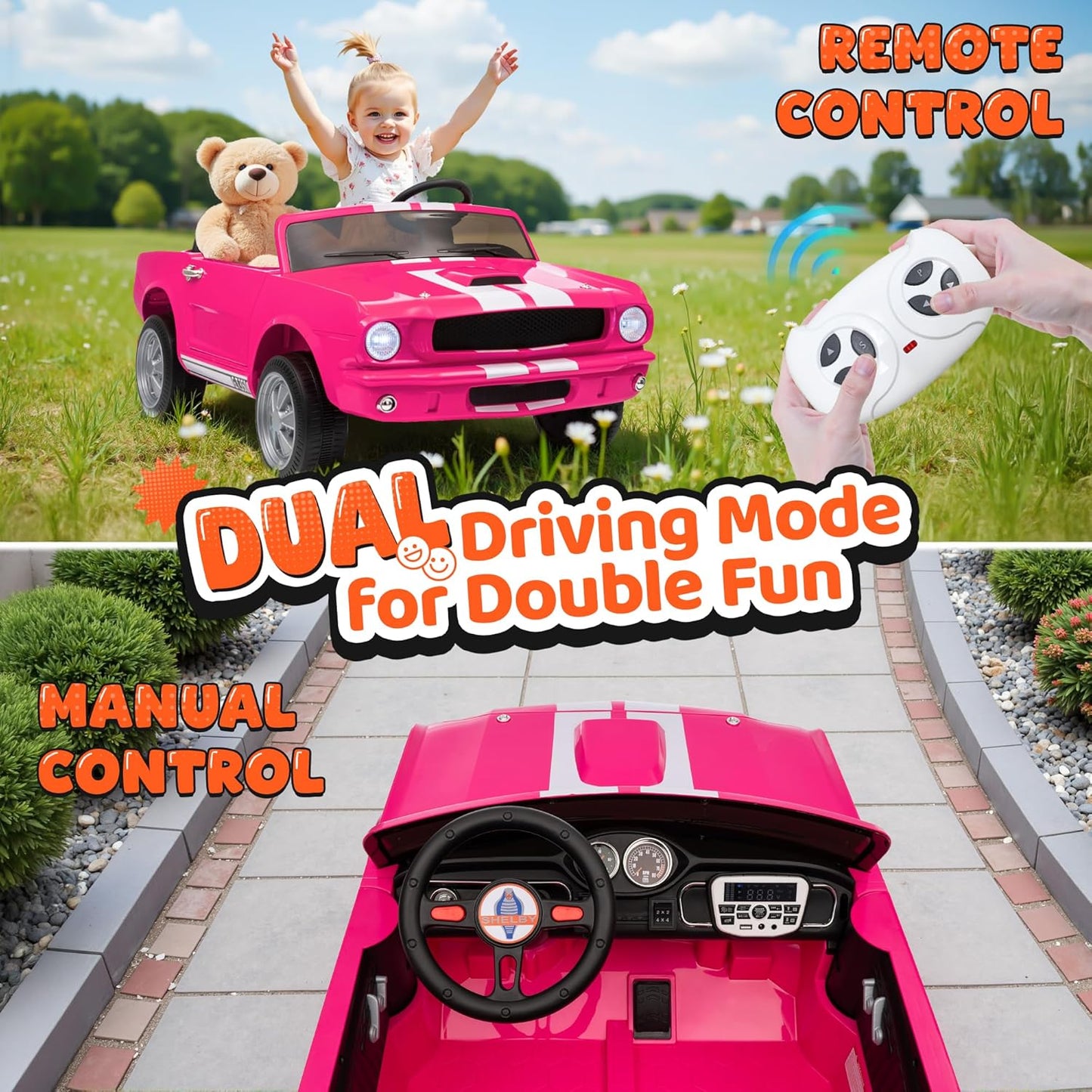 24V 2 Seater Ride on Toys, Licensed Shelby Cobra Kids Power Car Wheeler Ride On Toy w/ 2WD/4WD Switchable, Remote Control, 19" Spacious Seat, 4 Spring Suspension, Music, Bluetooth