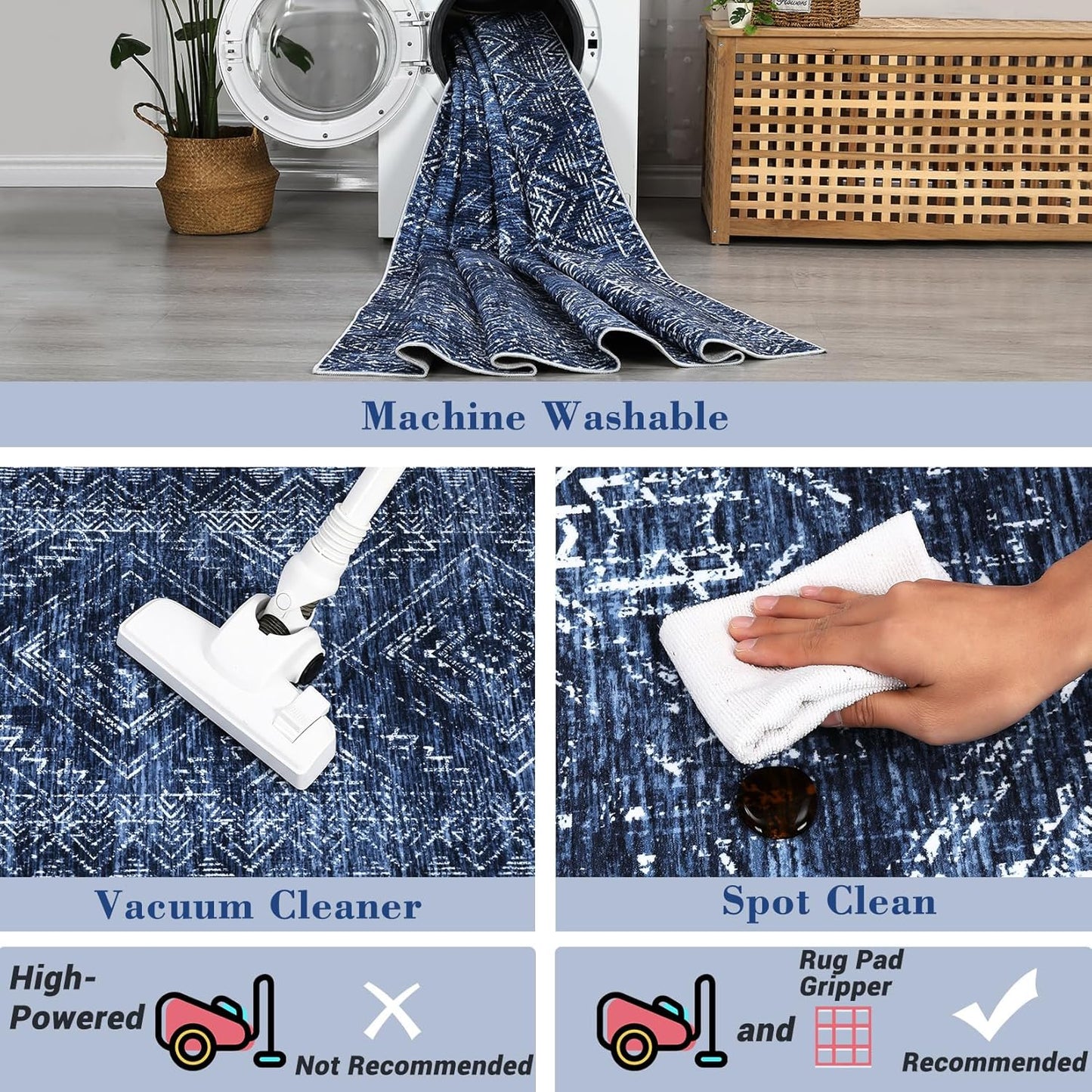 COZYLOOM Bedroom Rug 8x10 Under Bed Machine Washable Area Rugs Modern Abstract Floor Cover with Non Slip Backing Stain-Resistant Geometric Carpet for Nursery, Living Room, Blue