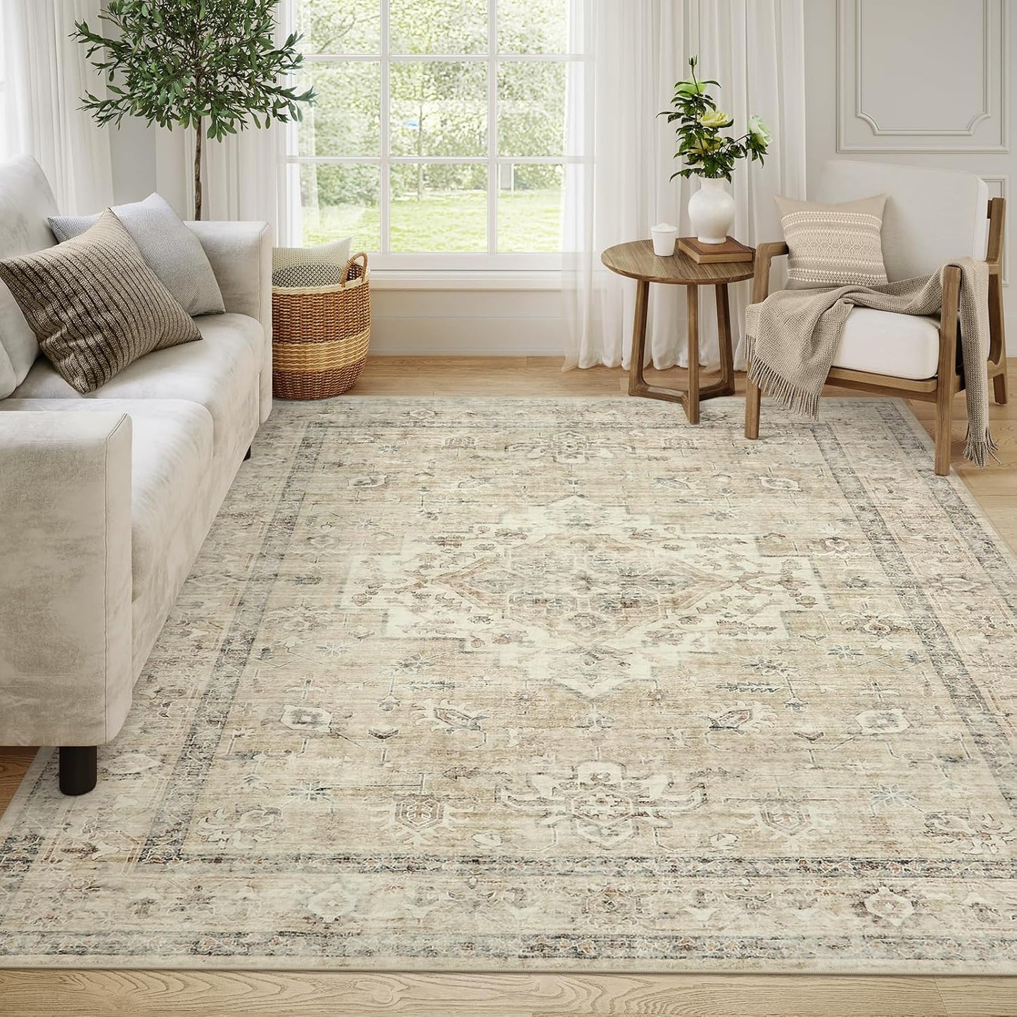 LIVEBOX Washable Area Rug 8x10 Rugs for Living Room Bedroom, Non-Slip Boho Neutral Carpet for Dining Room Office, Low-Pile Farmhouse Soft Carpets for Kids Nursery Room Playroom, Tan