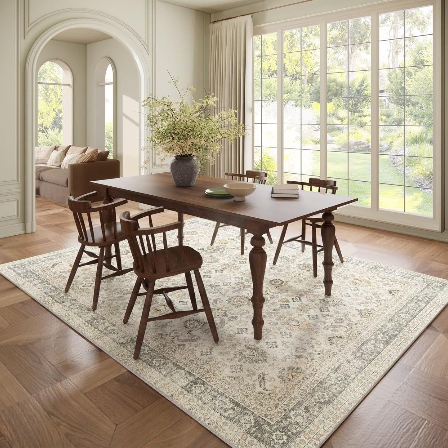 Washable 6x9 Area Rugs for Living Room, Boho Non-Slip Silicone Backing Large Rugs for Bedroom Dining Room Nursery Office, 0.3" Neutral Oriental Throw Carpet with 0.16" Cushioning Pad, Grey/Multi