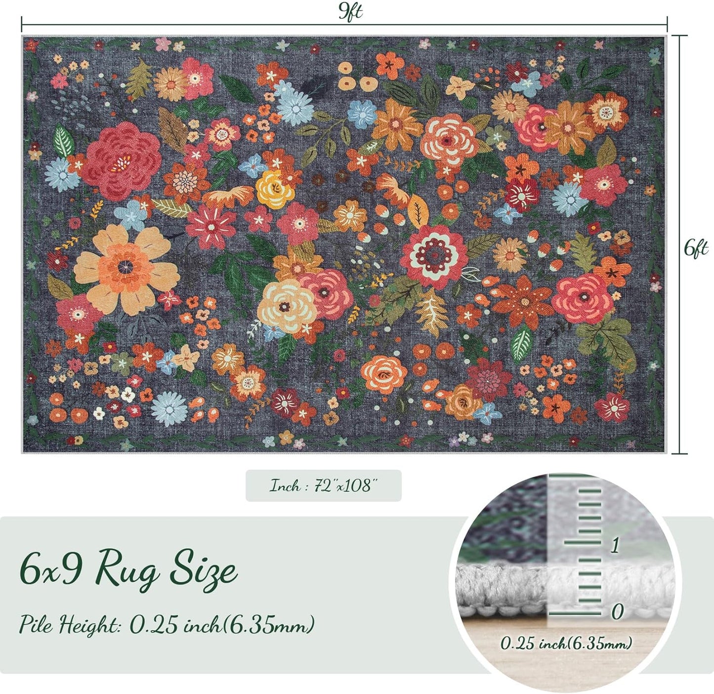 Area Rug Living Room Rugs: 6x9 Washable Rug Vintage Floral Soft Boho Non Slip Carpet Indoor Floor Non Shedding Low Pile Thin Carpets for Bedroom Dining Room Farmhouse Nursery Home Office Black