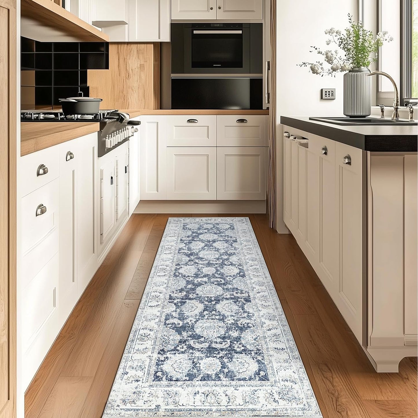 jinchan Runner Rug 2x5 Machine Washable Hallway Rug Dark Blue Vintage Floral Print Non-Slip Low Pile Ultra-Thin for Kitchen,Entryway,Laundry Room,Bedroom,Farmhouse (2‘x5’,Dark Blue)