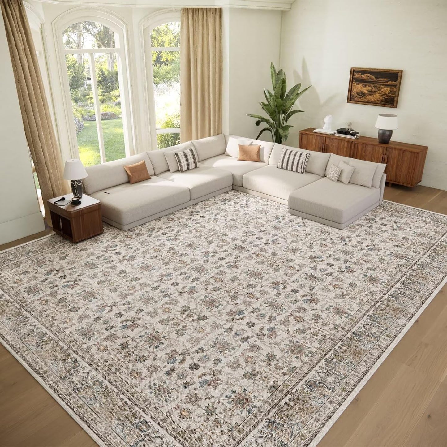 Washable 9x12 Area Rugs for Living Room, Boho Non-Slip Silicone Backing Rugs for Bedroom Dining Room Nursery Office, 0.3" Neutral Oriental Throw Carpet with 0.16" Cushioning Pad, Cream/Multi