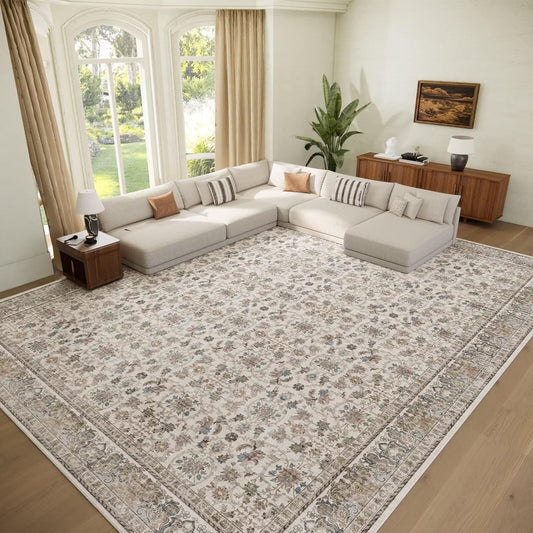 Washable 10x14 Area Rugs for Living Room, Boho Non-Slip Silicone Backing Rugs for Bedroom Dining Room Office, 0.3" Neutral Oriental Throw Carpet with 0.16" Cushioning Pad, Cream/Multi